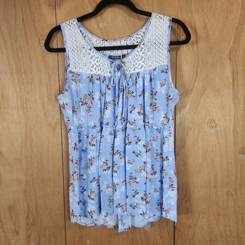 Hannah Lace Bodice Sleeveless Tiered Gauze Floral Print Blouse Size Large